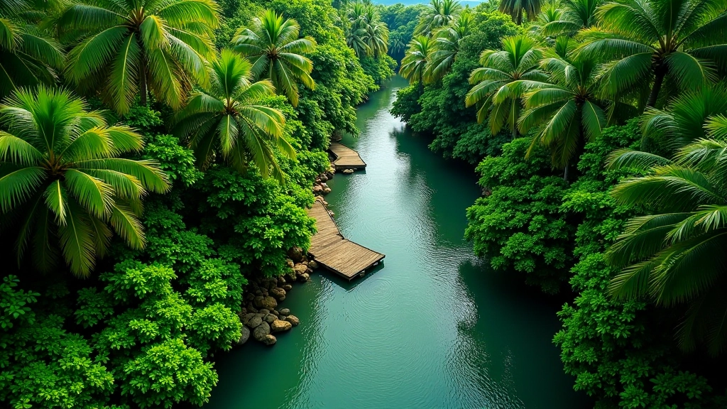 Vista aérea de río tropical rodeado de vegetación densa verde, sendero visible, plataforma de madera pequeña en primer plano