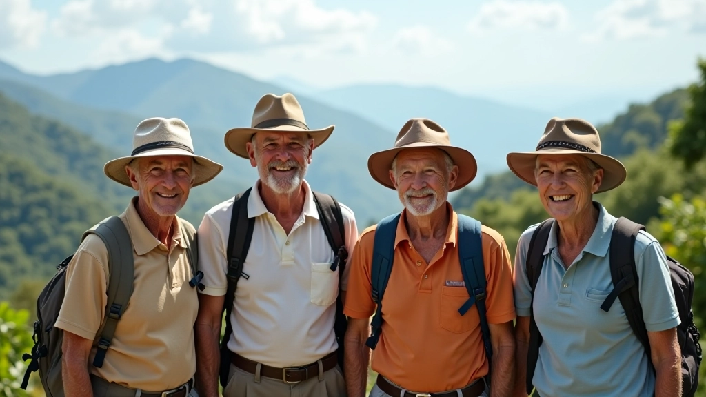 Grupo de cuatro jubilados sonriendo en mirador con paisaje tropical de fondo, todos con mochilas y sombreros, luz natural clara