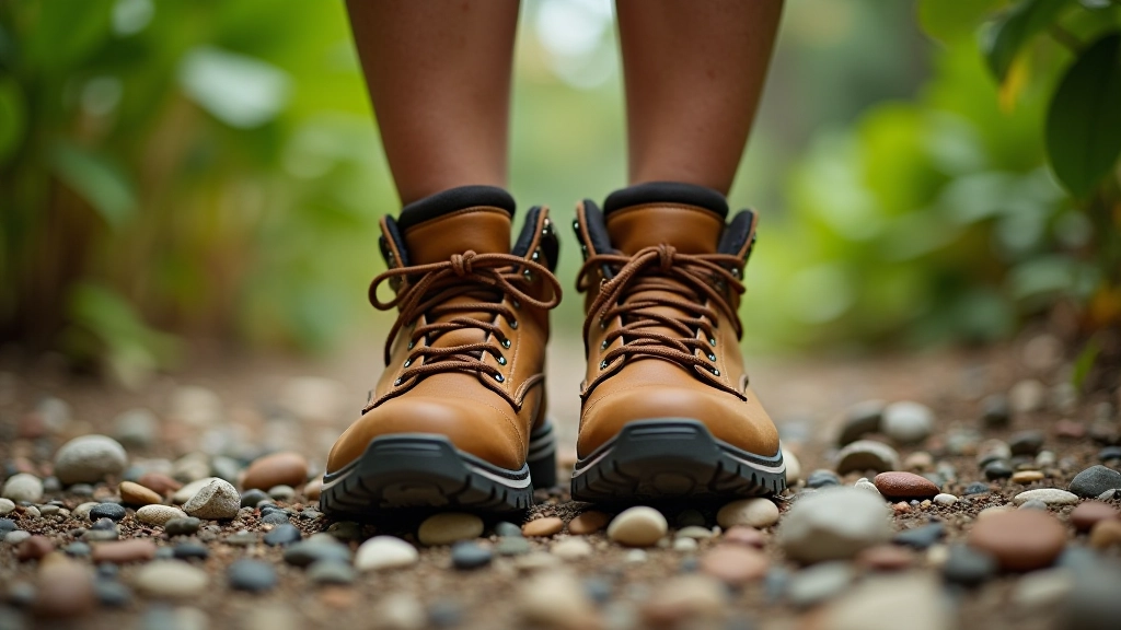Botas de senderismo de color marrón oscuro sobre rocas grises, enfoque nítido, sin marcas