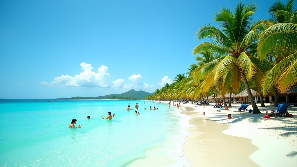 Playa Luquillo con aguas azules, palmeras de coco, quioscos verdes en la orilla, gente disfrutando del mar