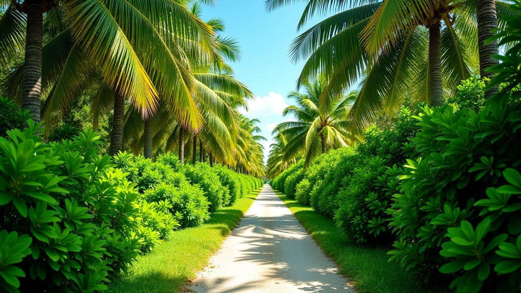 Sendero rodeado de palmeras verdes frondosas bajo cielo azul, Luquillo