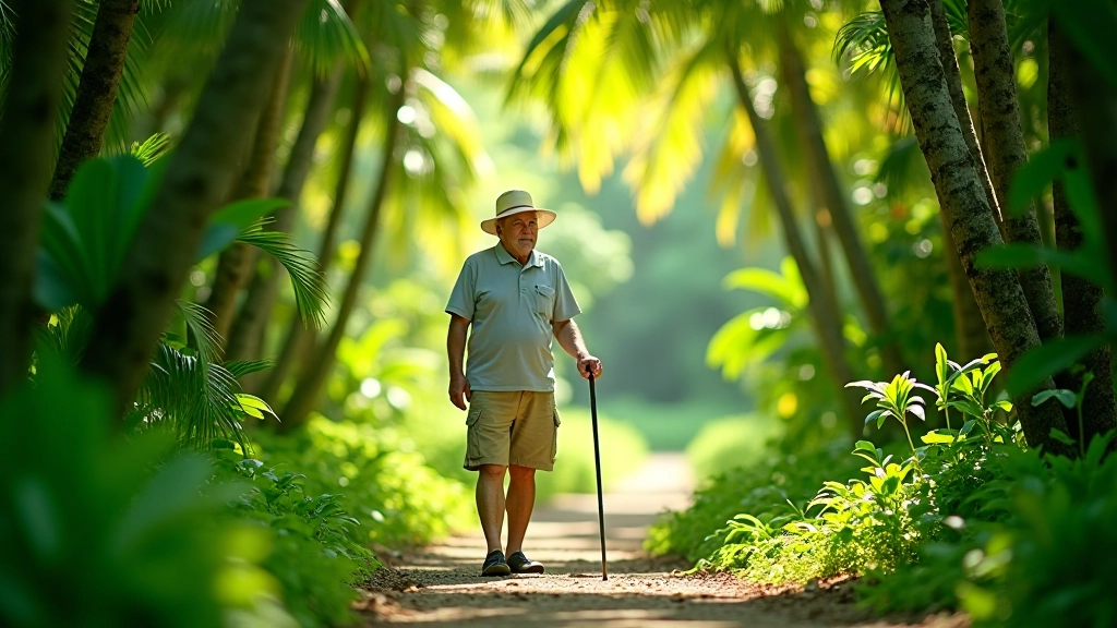 Persona adulta caminando en un sendero sombreado entre árboles tropicales