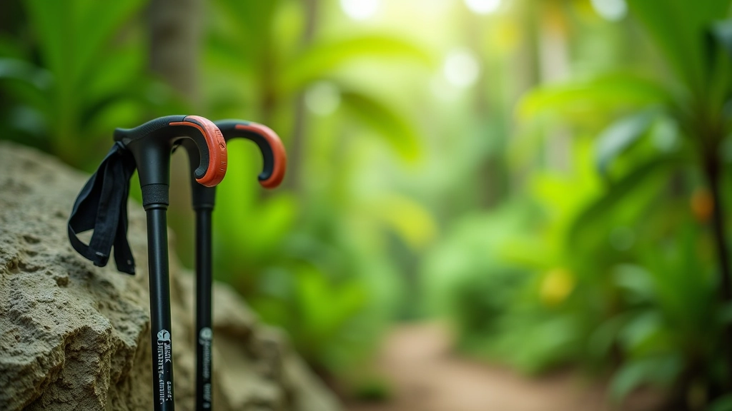 Dos bastones de trekking de aluminio con empuñaduras ergonómicas apoyados en una roca, sendero tropical de fondo borroso