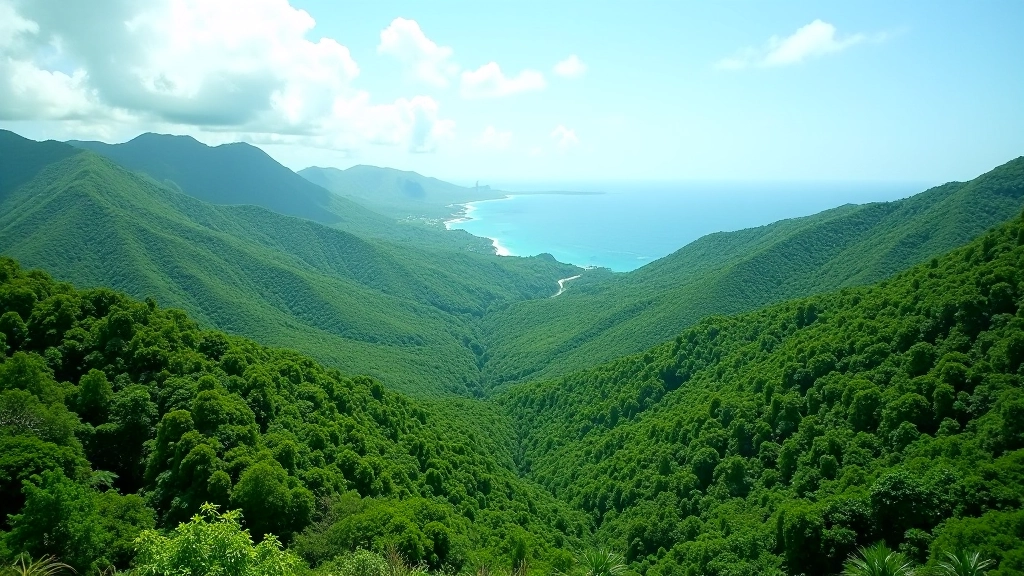 Vista panorámica de montañas verdes y vegetación tropical desde un mirador, cielo claro