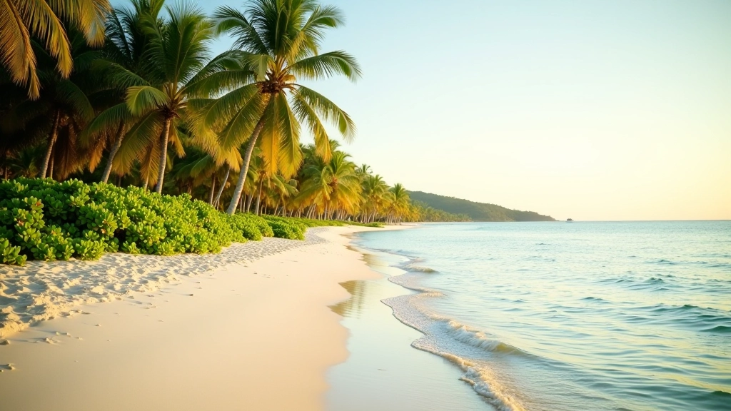 Playa Vieques con aguas cristalinas, arena fina, vegetación tropical, puesta de sol dorada